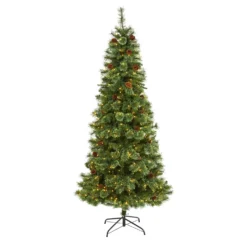 7’ White Mountain Pine Artificial Christmas Tree With 400 Clear LED Lights And Pine Cones