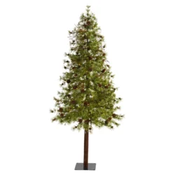 7' Wyoming Alpine Artificial Christmas Tree With 200 Clear (multifunction) LED Lights And Pine Cones On Natural Trunk