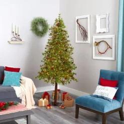 7' Wyoming Alpine Artificial Christmas Tree With 200 Clear (multifunction) LED Lights And Pine Cones On Natural Trunk -Cheap Artificial Trees Store artificial 7 wyoming alpine artificial christmas tree with 200 clear multifunction led lights and pine cones on natural trunk nearly natural 571420