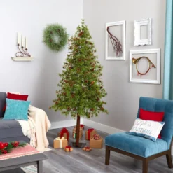 7' Wyoming Alpine Artificial Christmas Tree With 200 Clear (multifunction) LED Lights And Pine Cones On Natural Trunk -Cheap Artificial Trees Store artificial 7 wyoming alpine artificial christmas tree with 200 clear multifunction led lights and pine cones on natural trunk nearly natural 737799