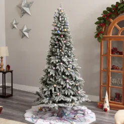 7.5' Flocked British Columbia Mountain Fir Artificial Christmas Tree With 95 Multi Color Globe Bulbs And 1113 Branches -Cheap Artificial Trees Store artificial 75 flocked british columbia mountain fir tree with 95 multi color globe bulbs and 1113 branches nearly natural 125645