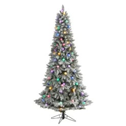 7.5' Flocked British Columbia Mountain Fir Artificial Christmas Tree With 95 Multi Color Globe Bulbs And 1113 Branches