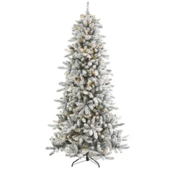 7.5’ Flocked Livingston Fir Artificial Christmas Tree With Pine Cones And 500 Clear Warm LED Lights