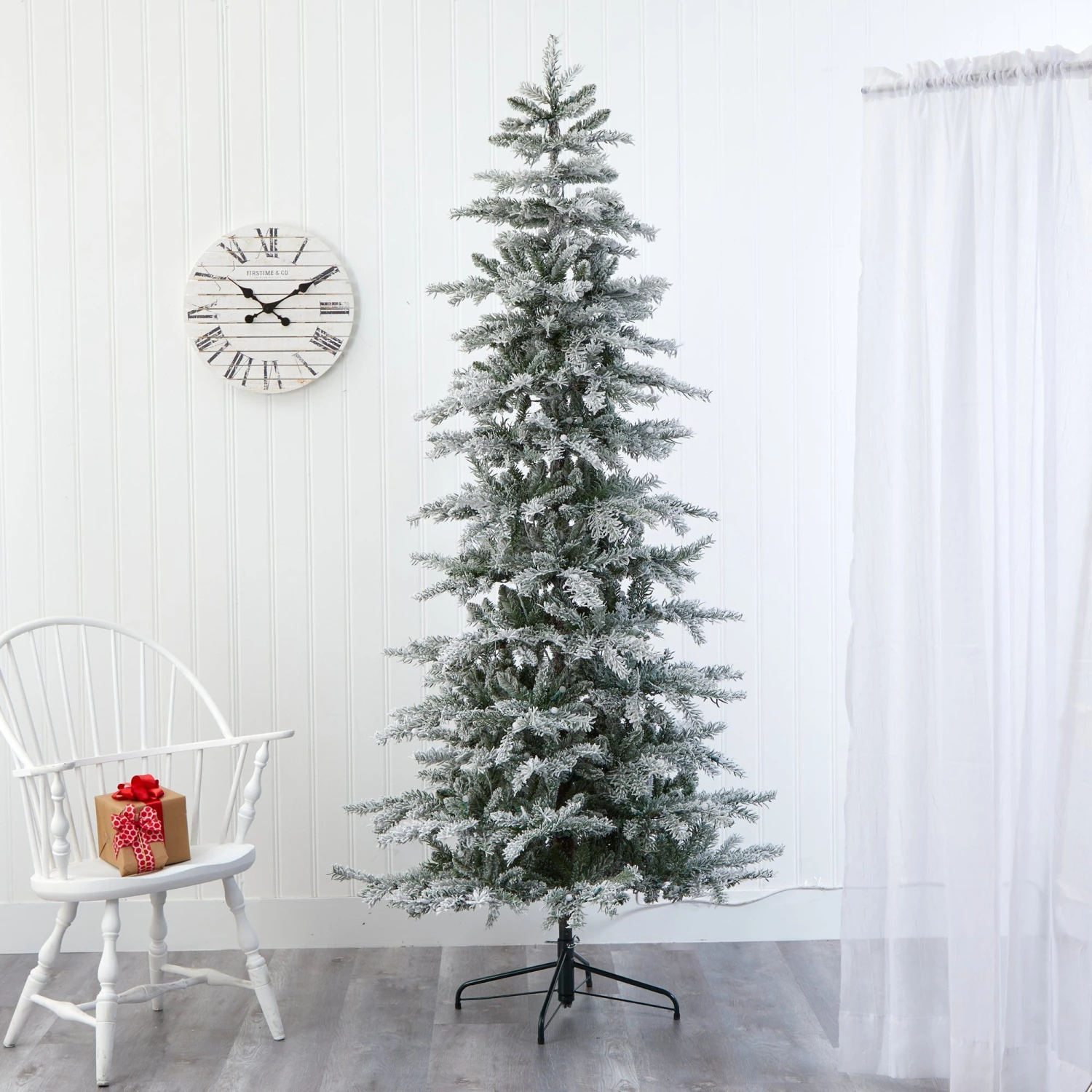 7.5’ Slim Flocked Nova Scotia Spruce Artificial Christmas Tree With 450 Warm White LED Lights And 909 Bendable Branches 9 7.5’ Slim Flocked Nova Scotia Spruce Artificial Christmas Tree With 450 Warm White LED Lights And 909 Bendable Branches - Image 9