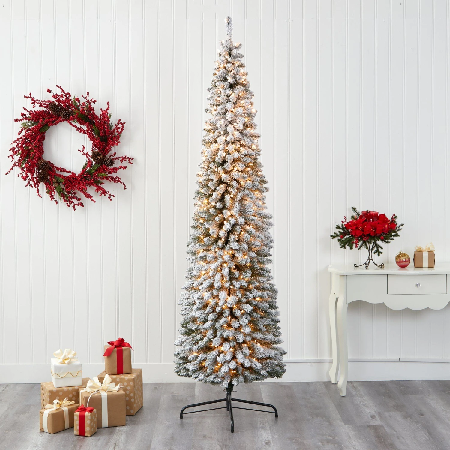 8’ Flocked Pencil Artificial Christmas Tree With 500 Clear Lights And 646 Bendable Branches 2 8’ Flocked Pencil Artificial Christmas Tree With 500 Clear Lights And 646 Bendable Branches - Image 2