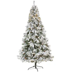 8' Flocked White River Mountain Pine Artificial Christmas Tree With Pinecones And 500 Clear LED Lights