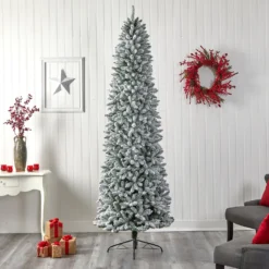 9’ Slim Flocked Montreal Fir Artificial Christmas Tree 15 9’ Slim Flocked Montreal Fir Artificial Christmas Tree -Cheap Artificial Trees Store artificial 9 slim flocked montreal fir tree with 600 warm white led lights and 1860 bendable branches nearly natural 595714